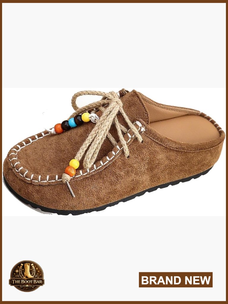 Suede Flat Mocc With Beaded Casual Comfort Round Toe Slip On Clogs Anti-Slip